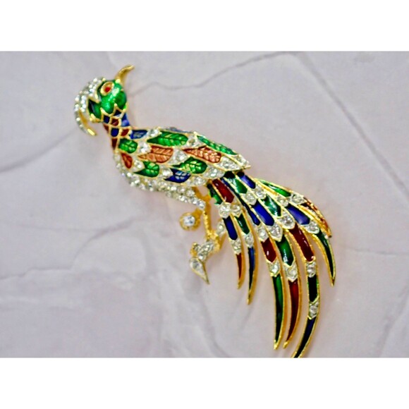Peacock Bird Of Paradise Brooch Pin Colorful Enamel & Crystals Gold Tone LG 3" - Picture 3 of 10